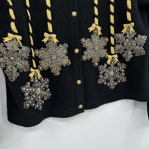 VTG Design Options Womens Lambswool Snowflake Sweater Size M Black Gold Beaded - Picture 4 of 10